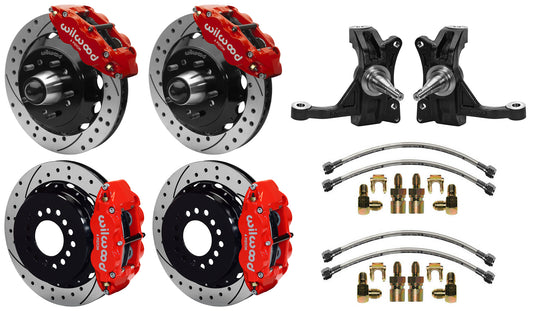 63-70 CHEVY C10 FULL DISC BRAKE KIT & WILWOOD IRON DROP SPINDLES,13" DRILLED,RED