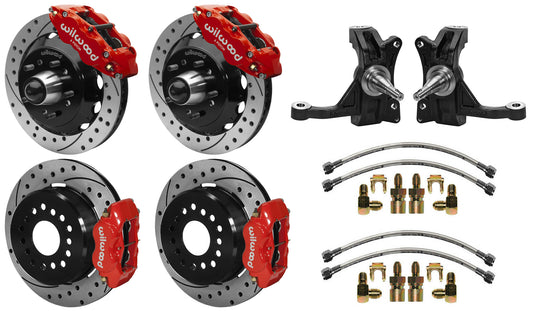 63-70 CHEVY C10 FULL DISC BRAKE KIT & WIL IRON DROP SPINDLES,13"/12" DRILLED,RED