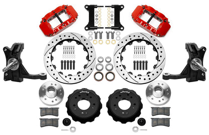71-87 CHEVY C10 FULL DISC BRAKE KIT & WIL IRON DROP SPINDLES,13"/12" DRILLED,RED