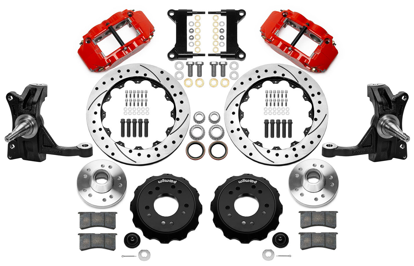 71-87 CHEVY C10 FRONT DISC BRAKE KIT & WILWOOD IRON DROP SPINDLES,13" DRILL,RED