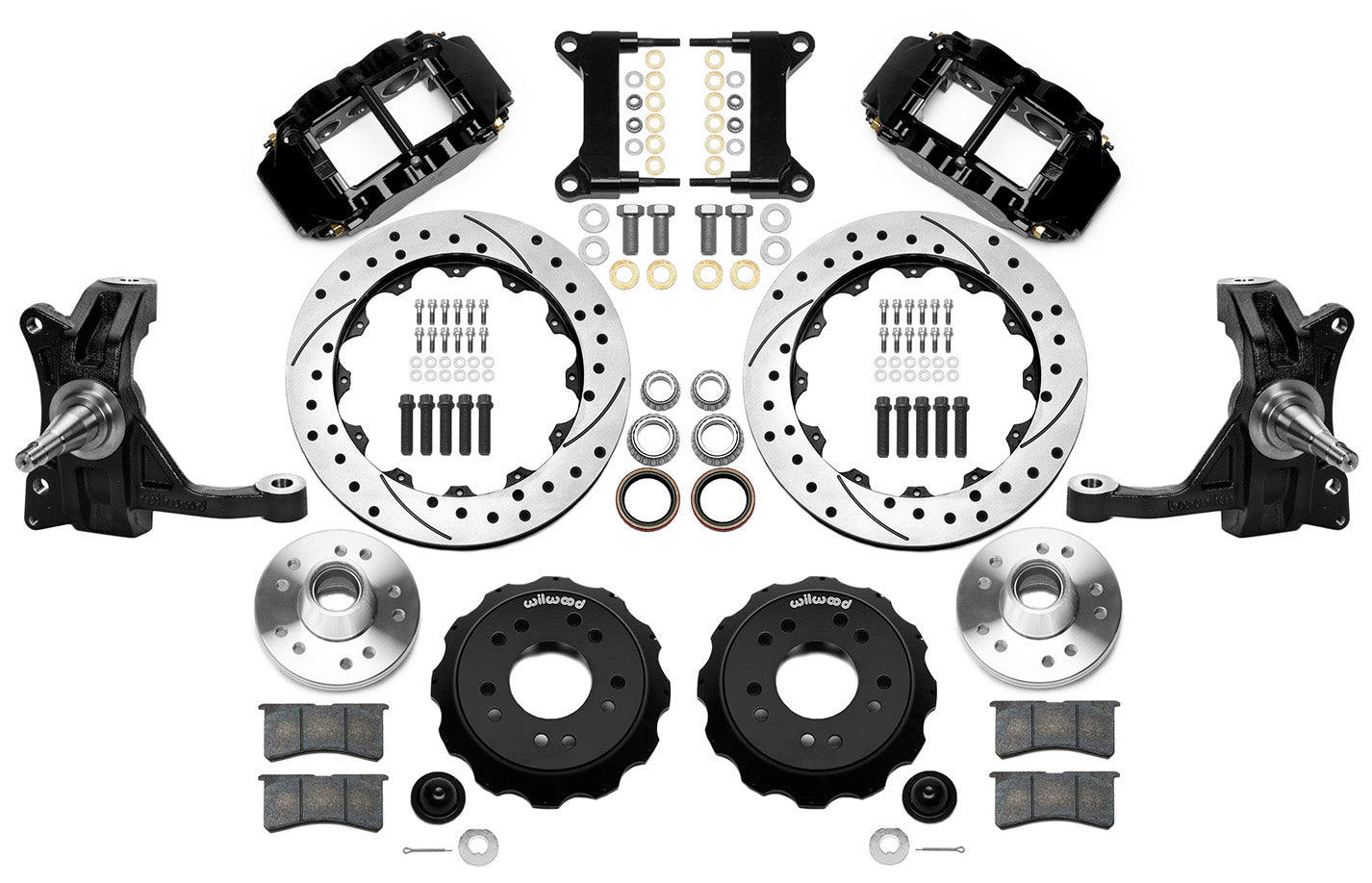 71-87 CHEVY C10 FULL DISC BRAKE KIT & WILWOOD IRON DROP SPINDLES,13" DRILLED,BLK