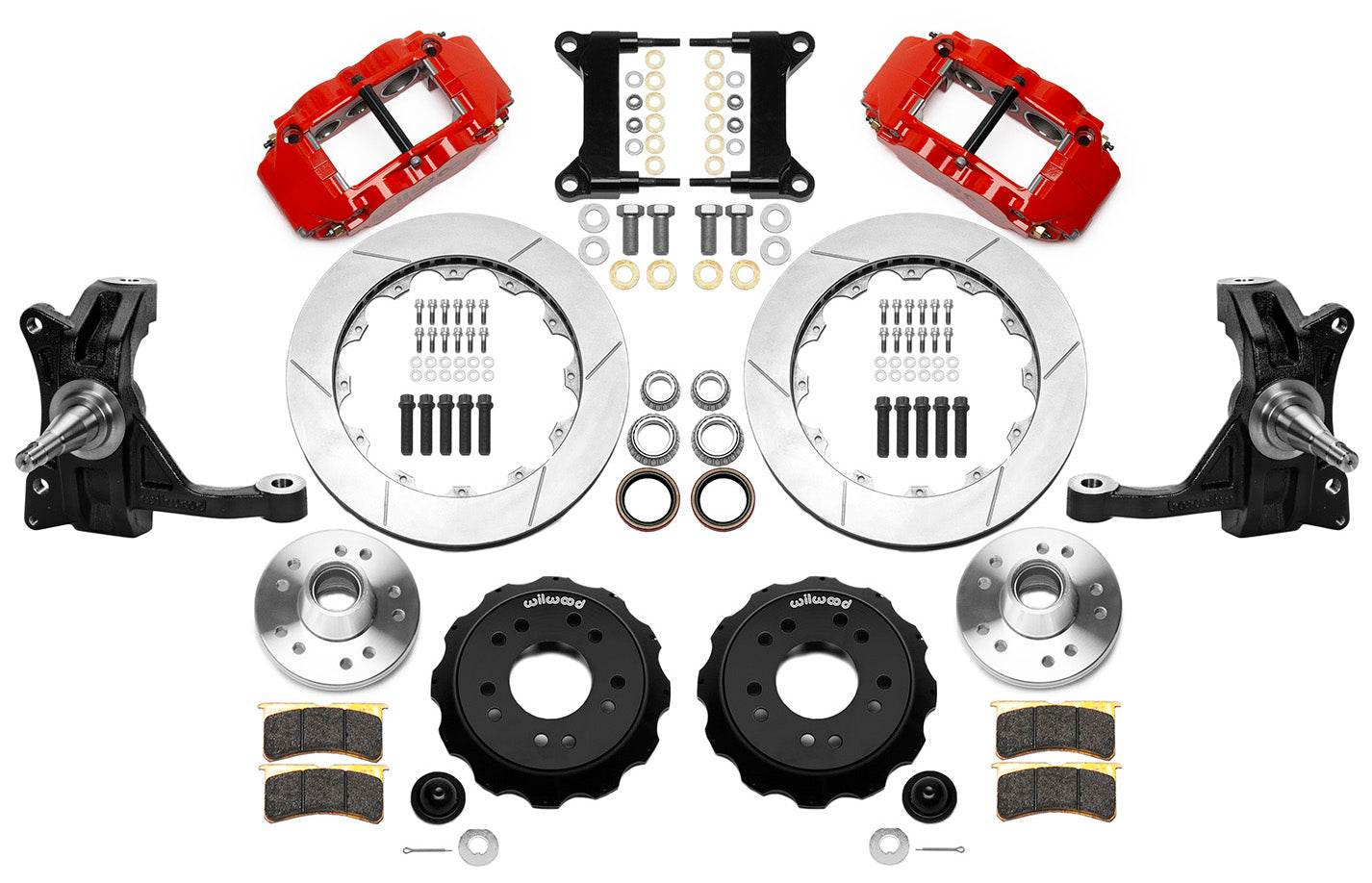 71-87 CHEVY C10 FRONT DISC BRAKE KIT & WILWOOD IRON DROP SPINDLES,13" ROTORS,RED