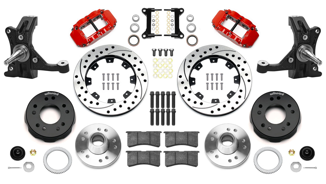 88-99 CHEVY C1500 FULL DISC BRAKE KIT & WILWOOD DROP SPINDLES,12" DRILLED,RED