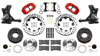 88-99 CHEVY C1500 FULL DISC BRAKE KIT & WILWOOD DROP SPINDLES,12" DRILLED,RED