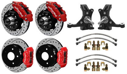 88-99 CHEVY C1500 FULL DISC BRAKE KIT & WILWOOD DROP SPINDLES,12" DRILLED,RED