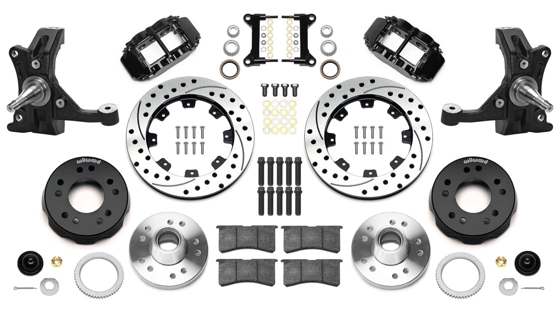 88-99 CHEVY C1500 FULL DISC BRAKE KIT & WILWOOD DROP SPINDLES,12" DRILLED,BLACK