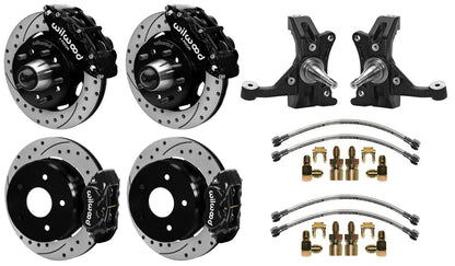 88-99 CHEVY C1500 FULL DISC BRAKE KIT & WILWOOD DROP SPINDLES,12" DRILLED,BLACK