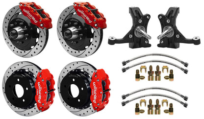 88-99 CHEVY C1500 FULL DISC BRAKE KIT & WILWOOD DROP SPINDLES,13" DRILLED,RED