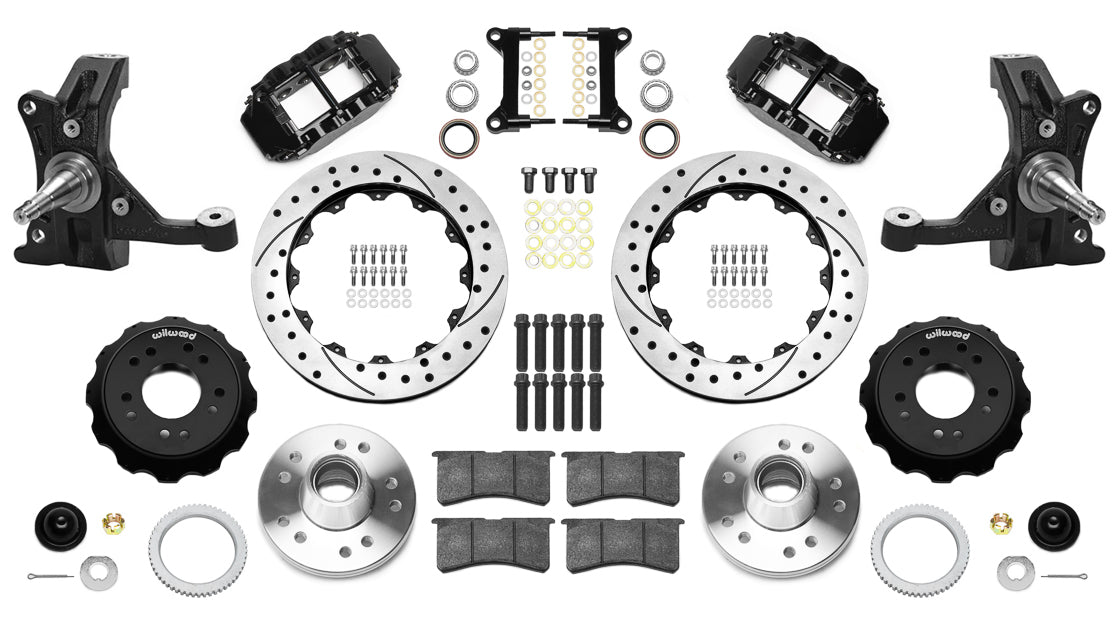 88-99 CHEVY C1500 FULL DISC BRAKE KIT & WILWOOD DROP SPINDLES,13" DRILLED,BLACK