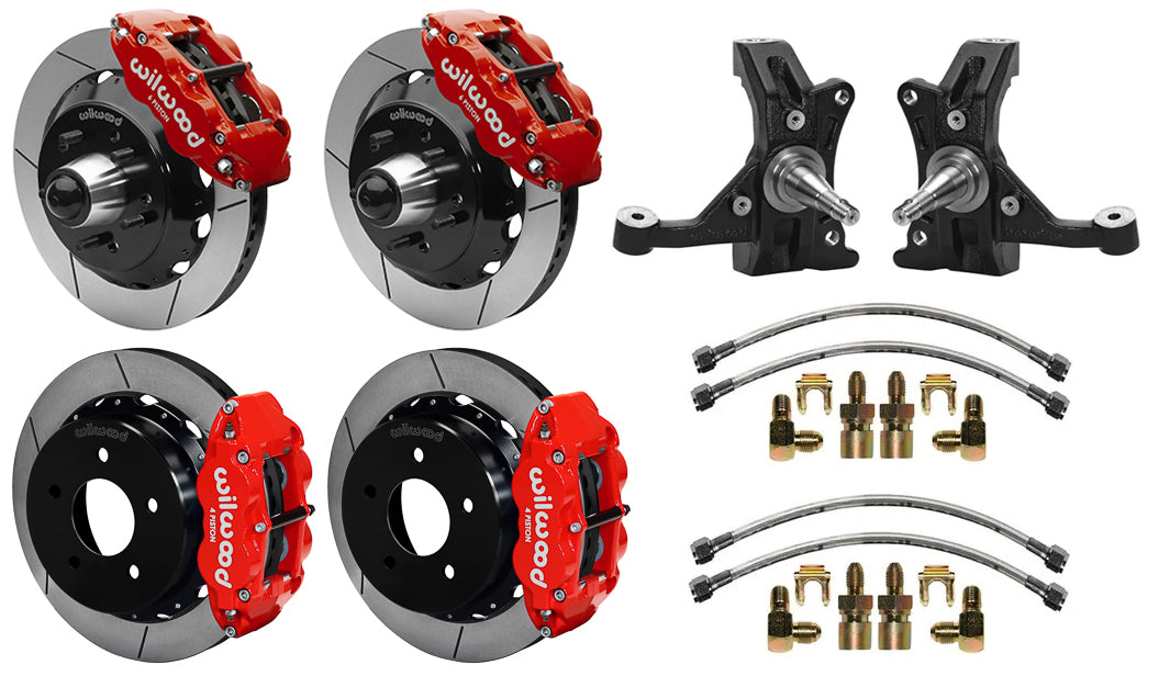 88-99 CHEVY C1500 FULL DISC BRAKE KIT & WILWOOD DROP SPINDLES,13" ROTORS,RED