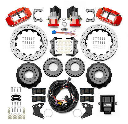 SMALL FORD KIT,2.50",ELECTRIC PB,13" DRILLED ROTORS,RED CALIPERS