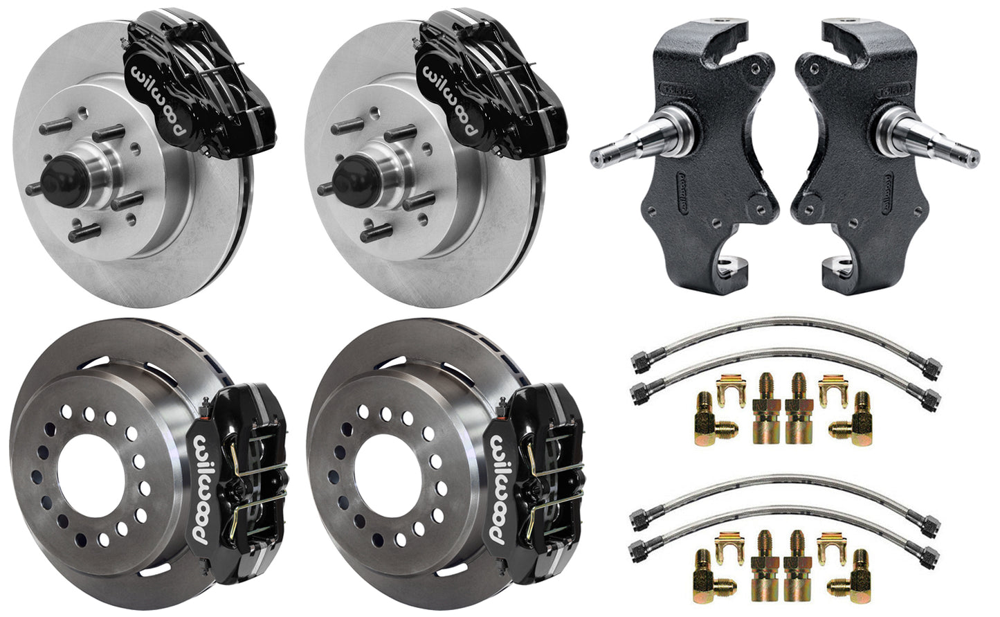 55-57 CHEVY FULL DISC BRAKE KIT & 2" DROP SPINDLES,11.5"/11",BLACK
