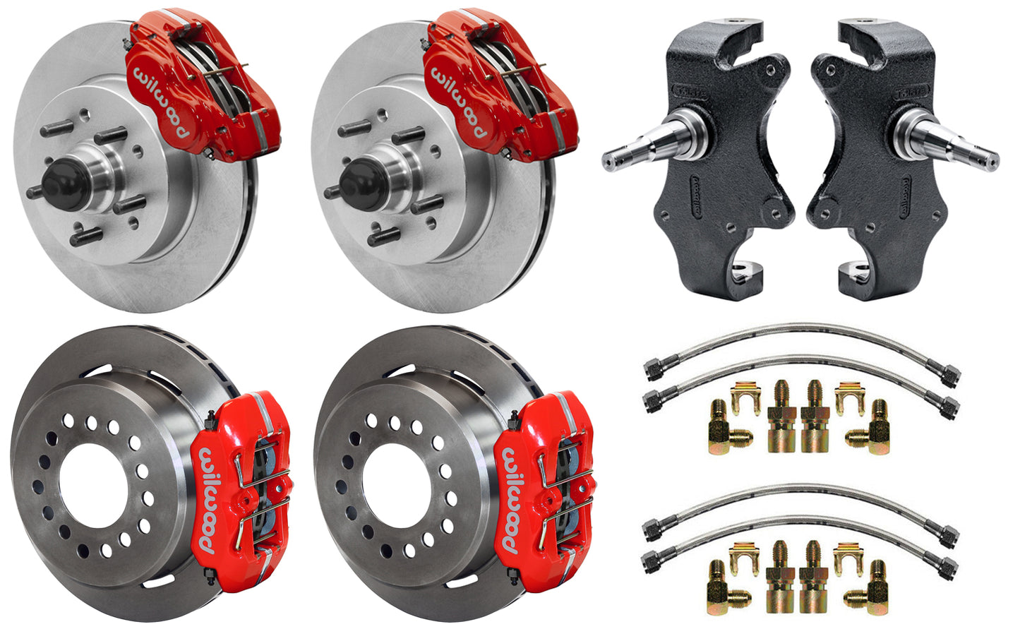 55-57 CHEVY FULL DISC BRAKE KIT & 2" DROP SPINDLES,11.5"/11",RED