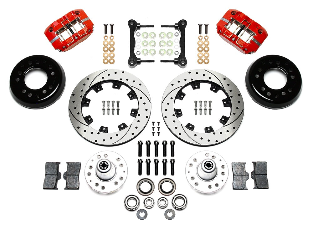 55-57 CHEVY FRONT KIT FOR WWE TRI FIVE PRO SPINDLES,12" DRILLED,RED CALIPERS