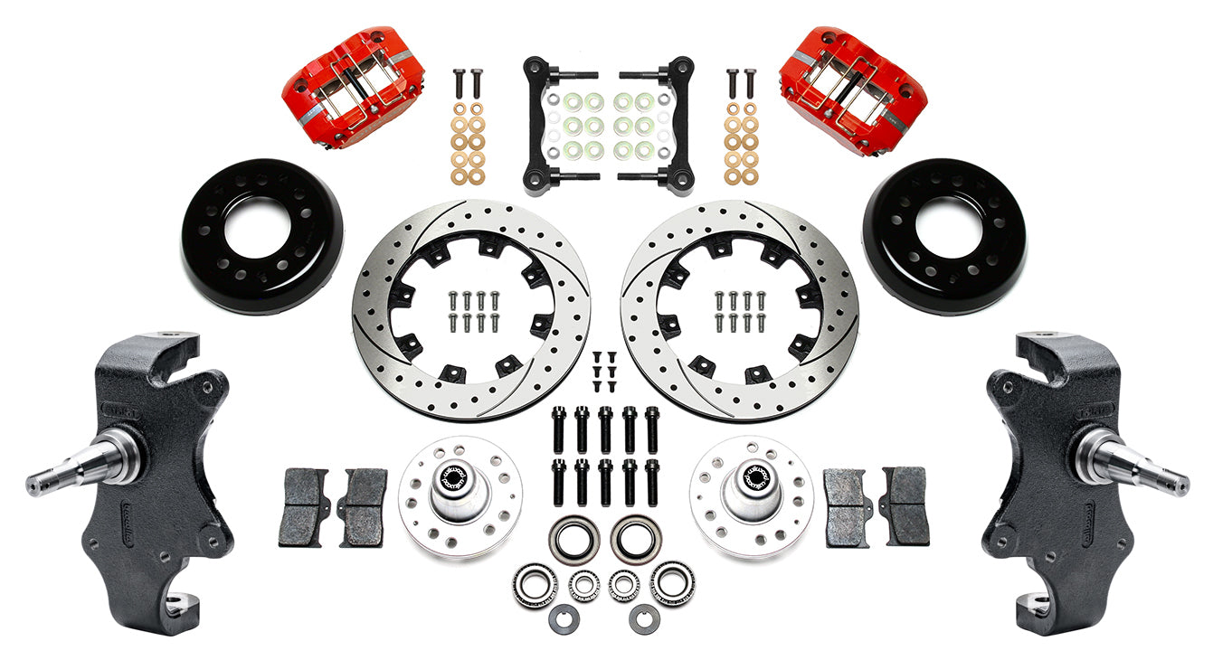 55-57 CHEVY FULL DISC BRAKE KIT & 2" DROP SPINDLES,12.19"/11" DRILLED,RED