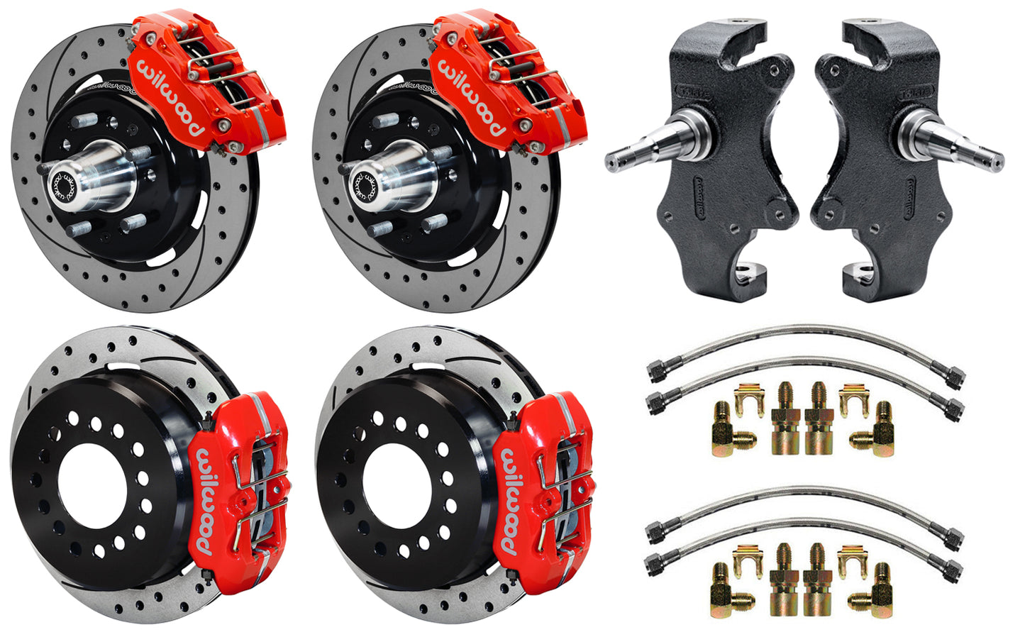 55-57 CHEVY FULL DISC BRAKE KIT & 2" DROP SPINDLES,12.19"/11" DRILLED,RED