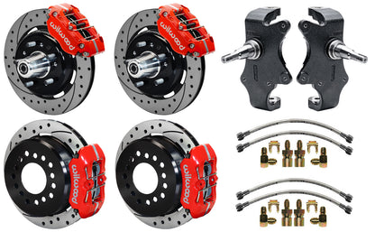 55-57 CHEVY FULL DISC BRAKE KIT & 2" DROP SPINDLES,12.19"/11" DRILLED,RED