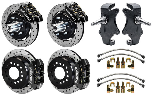55-57 CHEVY FULL DISC BRAKE KIT & 2" DROP SPINDLES,12.19"/11" DRILLED,BLACK