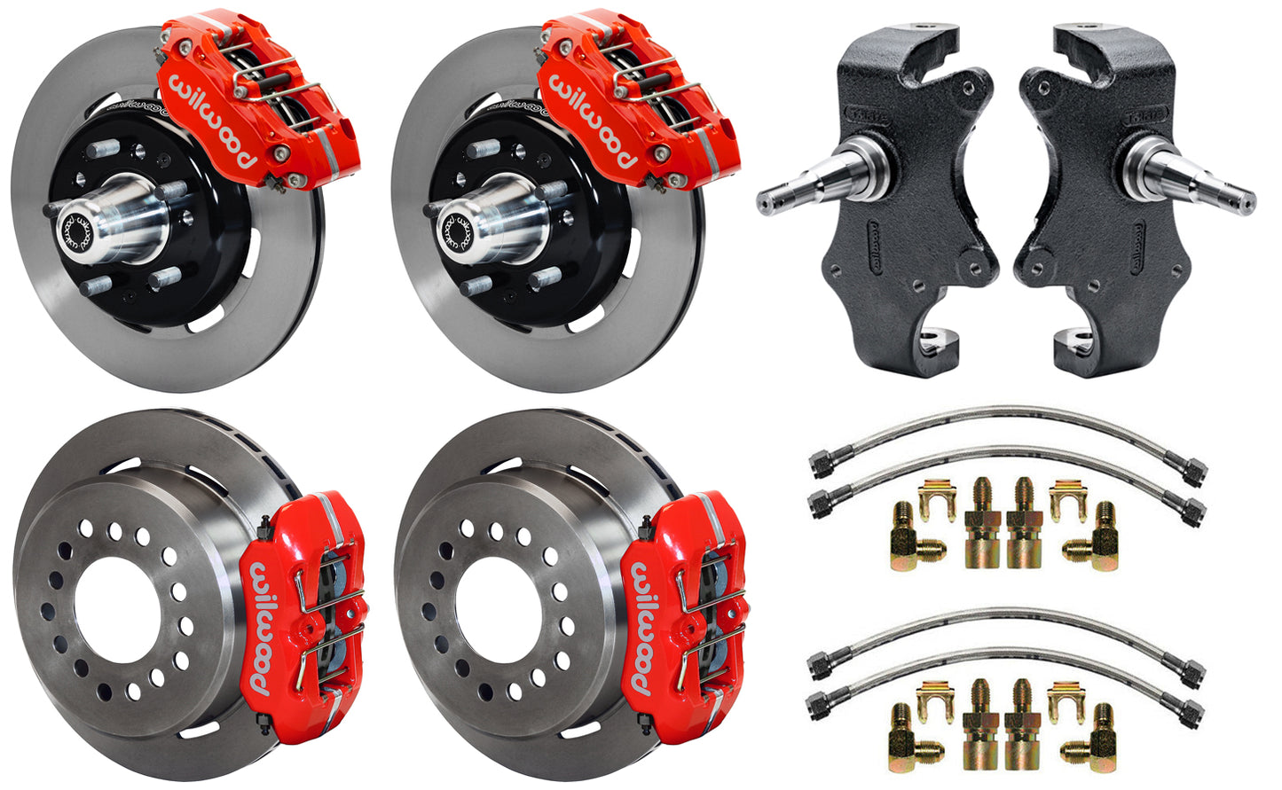 55-57 CHEVY FULL DISC BRAKE KIT & 2" DROP SPINDLES,12.19"/11",RED