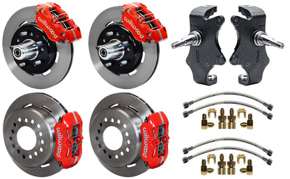 55-57 CHEVY FULL DISC BRAKE KIT & 2" DROP SPINDLES,12.19"/11",RED