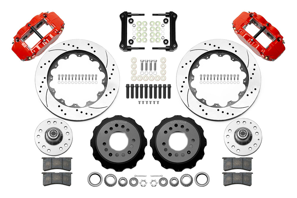 55-57 CHEVY FRONT KIT FOR WWE TRI FIVE PRO SPINDLES,14" DRILLED,RED CALIPERS