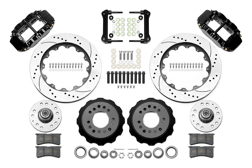 55-57 CHEVY FRONT KIT FOR WWE TRI FIVE PRO SPINDLES,14" DRILLED,BLACK CALIPERS