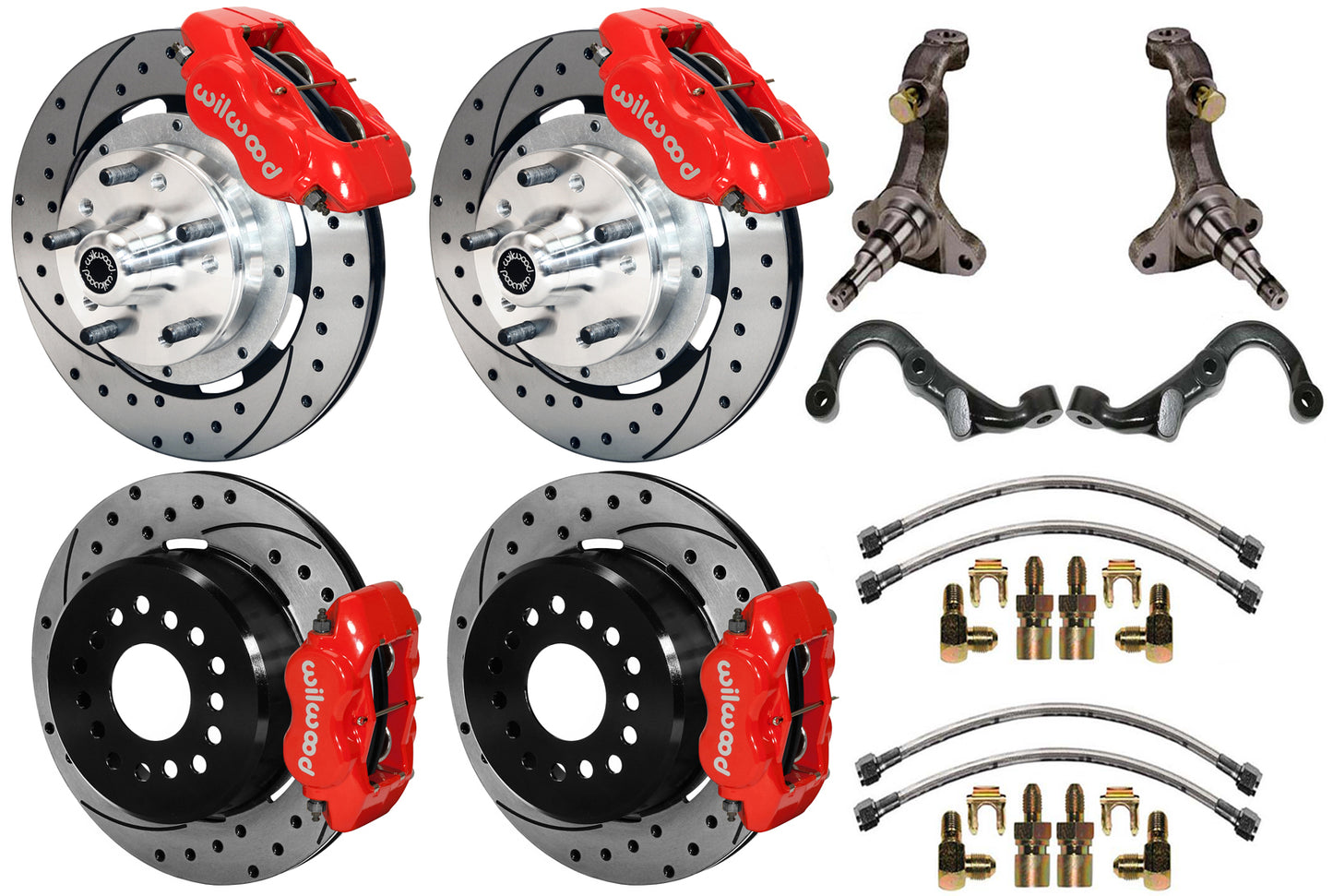 67-69 GM F-BODY FULL DISC BRAKE KIT & STOCK SPINDLES & ARMS,12" DRILLED,RED