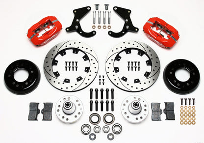 55-57 CHEVY FULL DISC BRAKE KIT,12" DRILLED ROTORS,4 PISTON RED CALIPERS