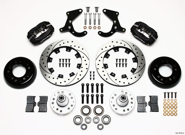 55-57 CHEVY FULL DISC BRAKE KIT,12" DRILLED ROTORS,4 PISTON BLACK CALIPERS