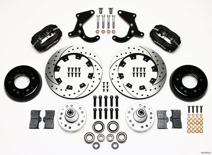 55-57 CHEVY FULL DISC BRAKE KIT,12" DRILLED ROTORS,4 PISTON BLACK CALIPERS
