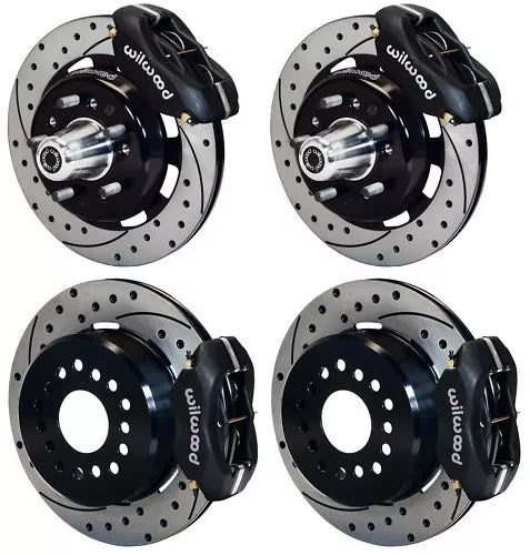 55-57 CHEVY FULL DISC BRAKE KIT,12" DRILLED ROTORS,4 PISTON BLACK CALIPERS