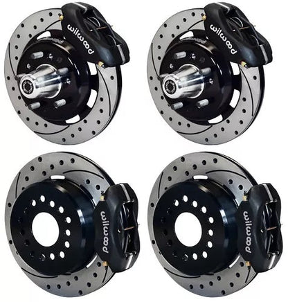 55-57 CHEVY FULL DISC BRAKE KIT,12" DRILLED ROTORS,4 PISTON BLACK CALIPERS