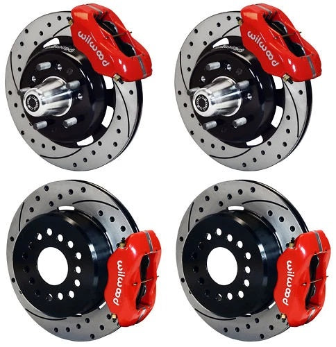 55-57 CHEVY FULL DISC BRAKE KIT,12" DRILLED ROTORS,4 PISTON RED CALIPERS