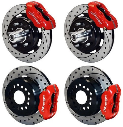 55-57 CHEVY FULL DISC BRAKE KIT,12" DRILLED ROTORS,4 PISTON RED CALIPERS