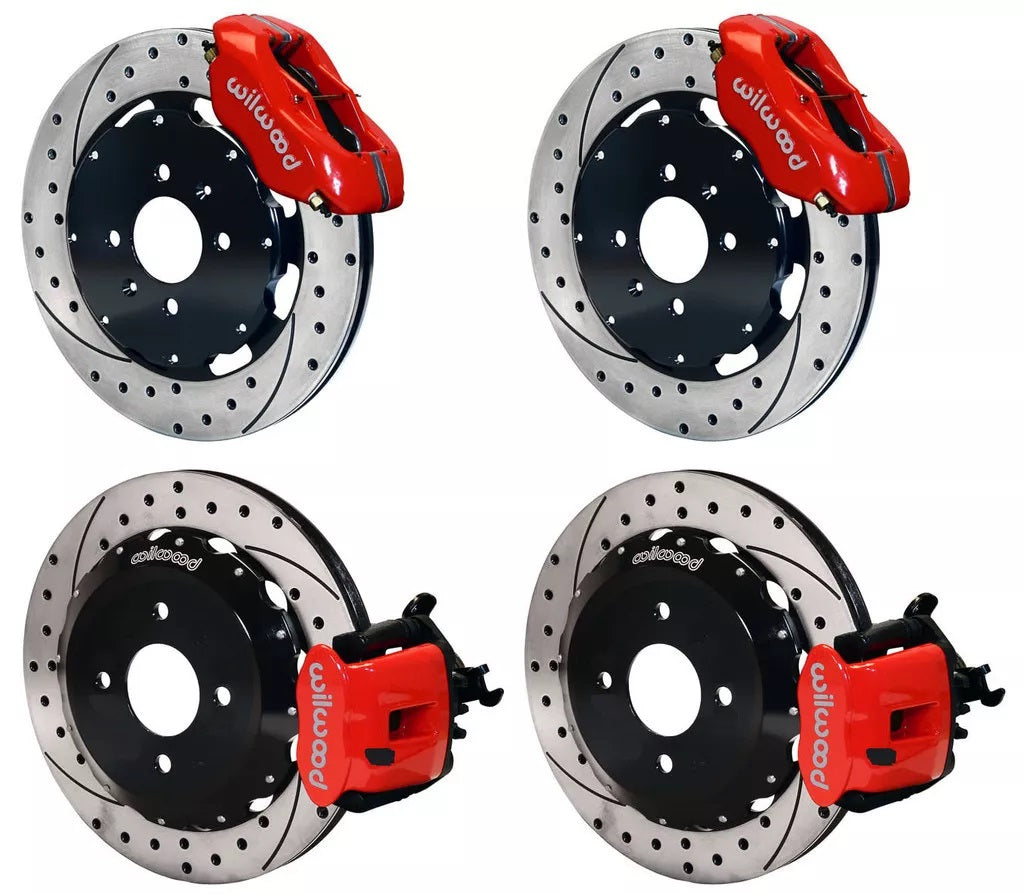 90-97 HONDA FULL DISC BRAKE KIT,11" DRILLED,RED,2.39 OFFSET REAR