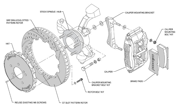 94-04 FORD MUSTANG KIT,FRONT,14" DRILLED ROTORS,6 PISTON RED CALIPERS