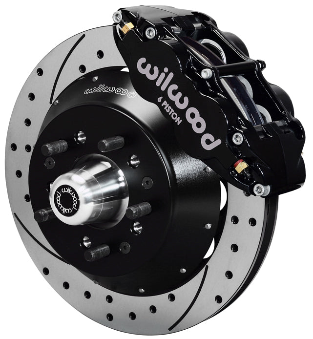 64-74 GM FRONT DISC BRAKE KIT,13" 2-PC. DRILLED ROTORS,6 PISTON SUPERLITE BLACK