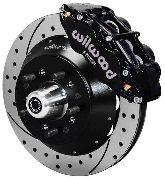 64-74 GM FRONT DISC BRAKE KIT,14" DRILLED ROTORS,6 PISTON SUPERLITE BLACK CALIP.