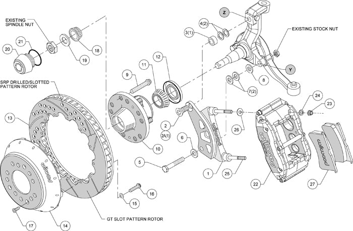 64-74 GM FRONT DISC BRAKE KIT,13" 2-PC. DRILLED ROTORS,6 PISTON SUPERLITE BLACK