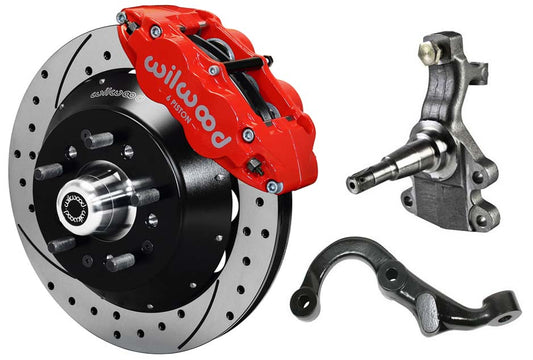 67-69 GM F-BODY FRONT DISC BRAKE KIT & 2" DROP SPINDLES & ARMS,14" DRILLED,RED