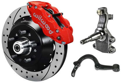 64-72 GM A-BODY FRONT DISC BRAKE KIT & 2" DROP SPINDLES & ARMS,14" DRILLED,RED