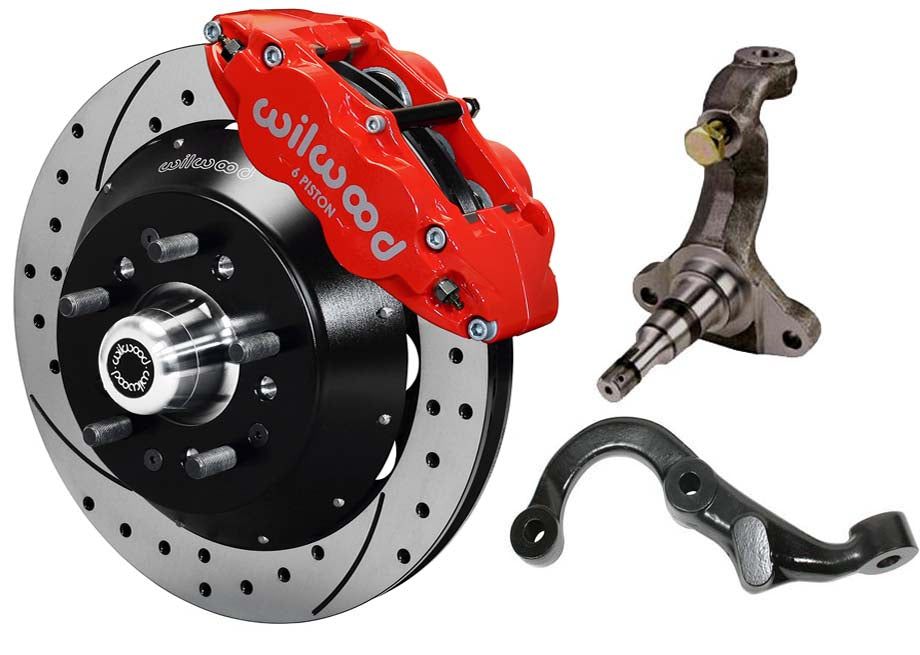 67-69 GM F-BODY FRONT DISC BRAKE KIT & STOCK SPINDLES & ARMS,14" DRILLED,RED