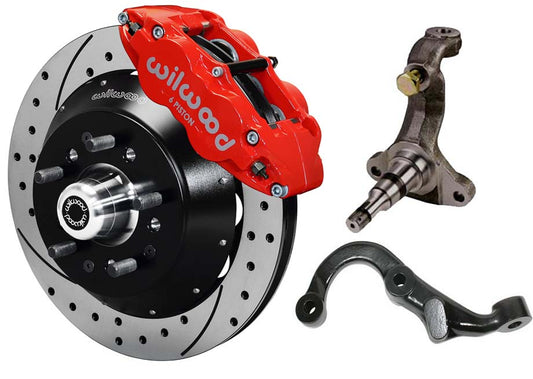 67-69 GM F-BODY FRONT DISC BRAKE KIT & STOCK SPINDLES & ARMS,14" DRILLED,RED