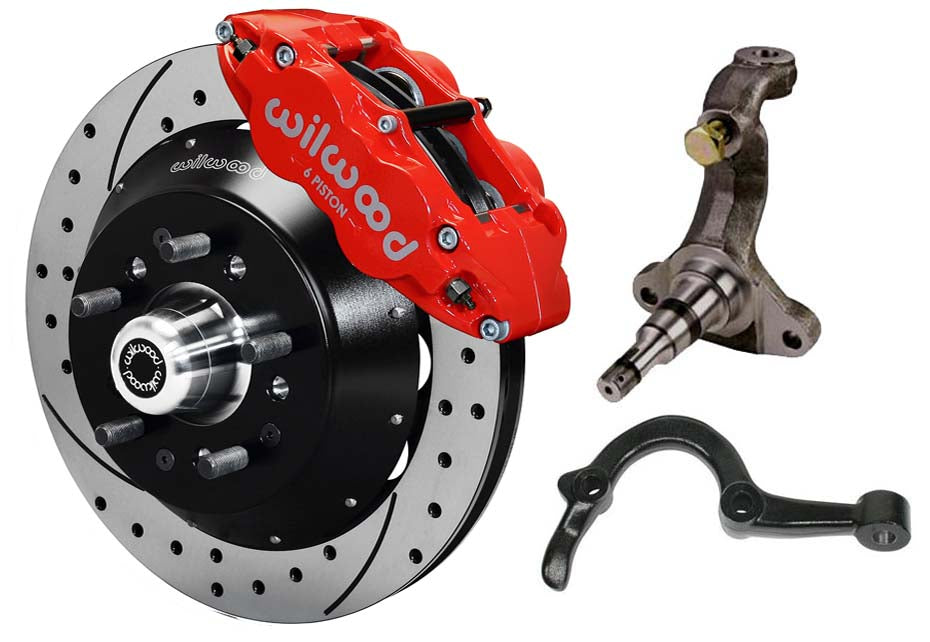 64-72 GM A-BODY FRONT DISC BRAKE KIT & STOCK SPINDLES & ARMS,14" DRILLED,RED