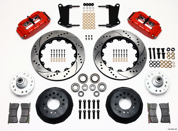 64-74 GM FRONT DISC BRAKE KIT,14" DRILLED ROTORS,6 PISTON SUPERLITE RED CALIPERS