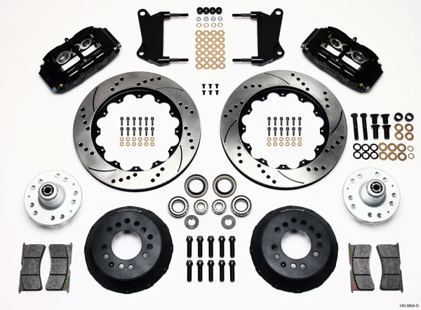 64-74 GM FRONT DISC BRAKE KIT,14" DRILLED ROTORS,6 PISTON SUPERLITE BLACK CALIP.