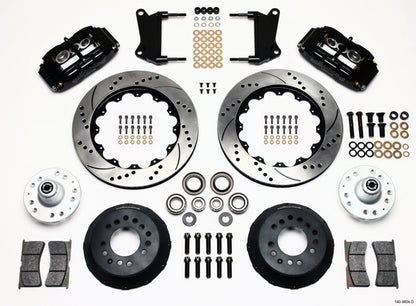 64-74 GM FRONT DISC BRAKE KIT,14" DRILLED ROTORS,6 PISTON SUPERLITE BLACK CALIP.