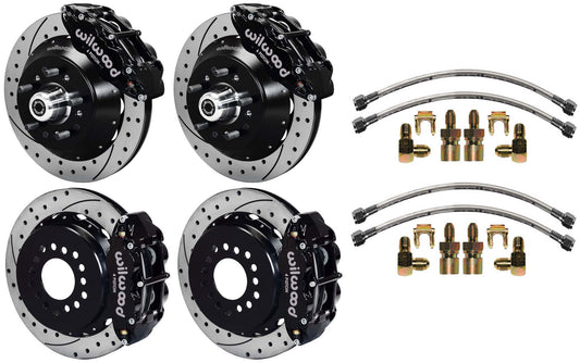 64-74 GM DISC BRAKE KIT,FRONT 14" & REAR 13" DRILLED ROTORS WITH LINES,BLACK CAL
