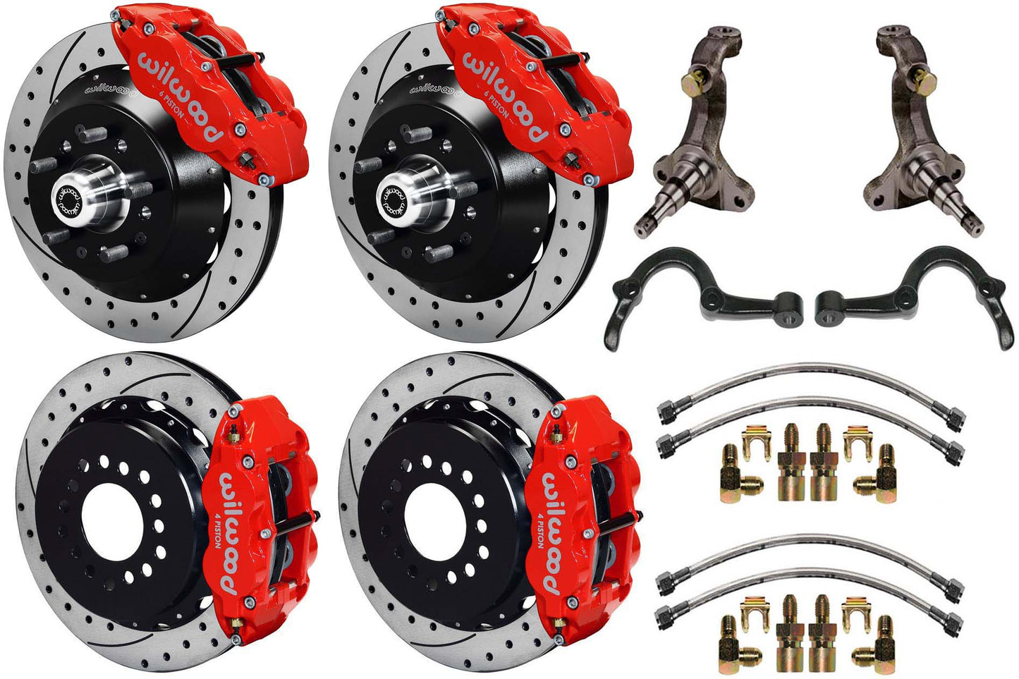 64-72 GM A-BODY FULL DISC BRAKE,STOCK SPINDLES,ARMS,FRONT 14",REAR 13" DRILL,RED