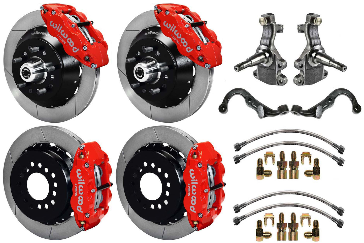 67-69 GM F-BODY FULL DISC BRAKE,2" DROP SPINDLES,ARMS,FRONT 14",REAR 13",RED